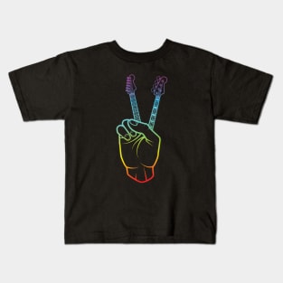 Guitar and Bass Outline Hand Peace Sign Colorful Theme Kids T-Shirt